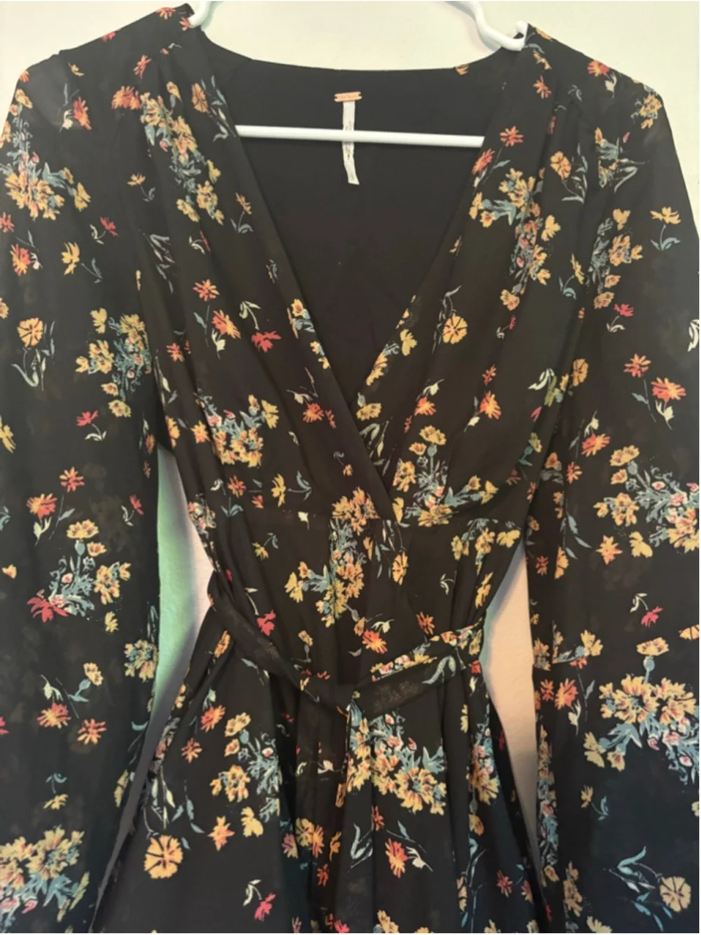 Free People Lilou Floral Mini Dress Boho Bell Sleeve Faux Wrap Size S